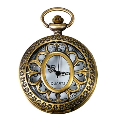 Image of JewelryWe Bronze Vintage Openwork Cover Stylish Retro Sunflower Design Quartz Pocket Watch 31.5 Inch Chain