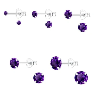 Image of The Goldmine Genuine 925 Sterling Silver Basic Claw Set 5mm Round Shaped Amethyst Cubic Zirconia Stud Earrings incl. FREE Presentation Box and UK delivery. February Birthstone.