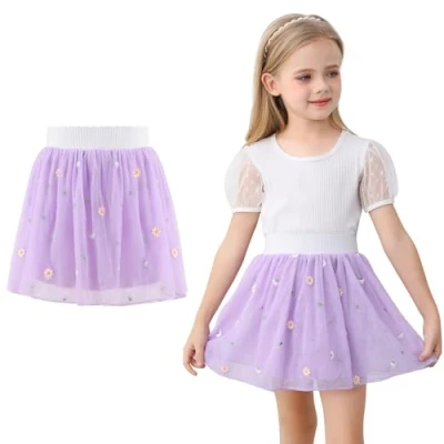 Image of boruizhen Girls Skirts Floral Embroidered Tutu for 4 Layered Kids Tulle Skirt with Soft Lining Festival Birthday 1 2 Years Purple