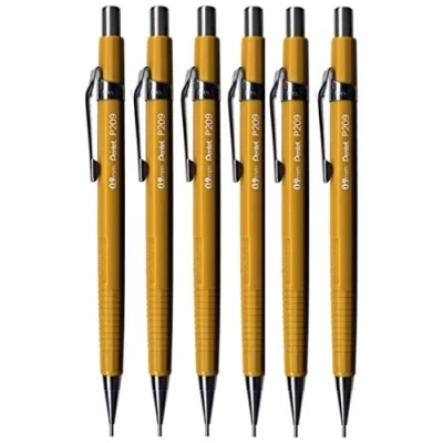 Image of Pentel 0.9mm (P209) Yellow P200 Series Automatic Mechanical Draughting Pencil Refillable Lead Eraser P209 G (Pack Of 6)