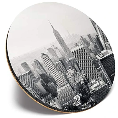Image of Round Single Coaster Black &amp; White New York City Aerial View Glossy Quality Coasters Tabletop Protection for Any Table Type #44290