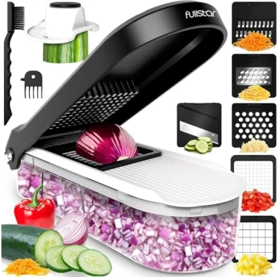 Image of Vegetable Chopper Cutter Mandoline Slicer Veggie Onion Salad Food Manual Potato Chipper Veg and Dicer Kitchen Tools &amp; Gadgets (6 in 1 Compact White)