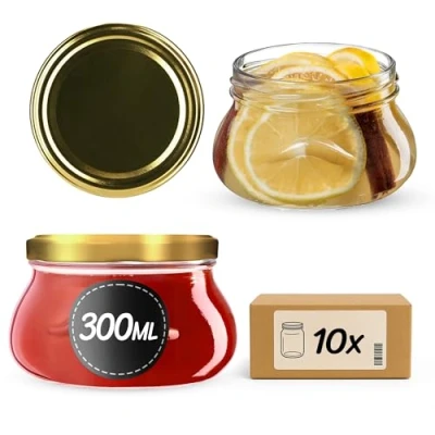 Image of KADAX Glass Jars 300 ml, Small Preserving with Metal Lids for Homemade Jam and Honey, Storing Spices Herbs (Gold Lids, Set of 10)