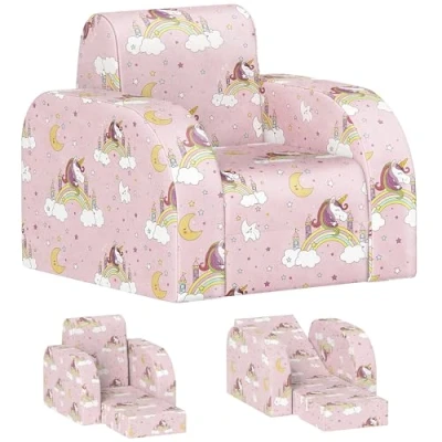 Image of AIYAPLAY Kids Armchair, 2 in 1 Foldable Toddler Chair, Soft Snuggle Sponge Filled Recliner, for Bedroom Playroom Living Room, Boys &amp; Girls 18 Months to 3 Years Pink