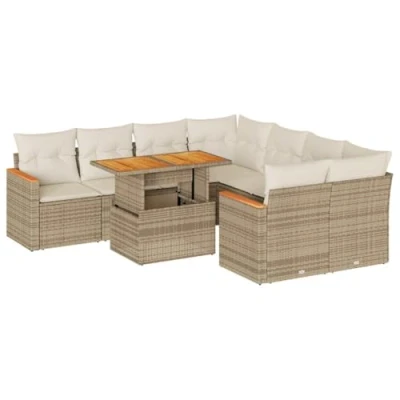Image of vidaXL 9 Piece Garden Sofa Set with Cushions Modular Beige Poly Rattan Outdoor Seating Storage on Patio/Deck, Includes Acacia Wood Table, Weather Resistant, UV Resistant