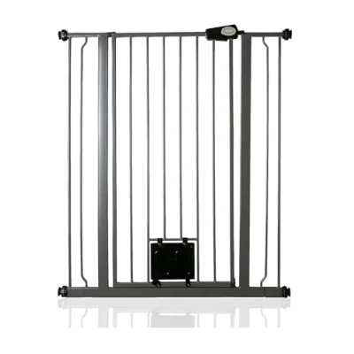 Image of Bettacare Pet Gate with Lockable Cat Flap, 87.9cm 95.5cm, Slate Grey, 104cm in Height, Extra Tall Dog Safety Barrier Easy Installation