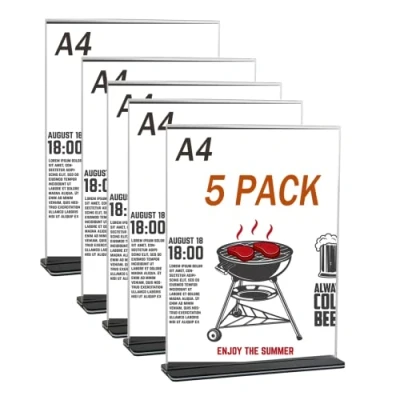 Image of 5 Pack A4 Acrylic Sign Holders, Table Stands, Display Stands Double Sided Menu Holders for Hotel Restaurant, Advertising Promotions