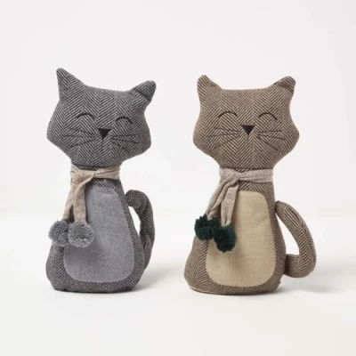 Image of HOMESCAPES Textured Cat Door Stops, Set of 2 in Grey and Brown, 27 cm, Luxuriously Soft Material Animal Stoppers for Home or Office Heavy 1.6 kg