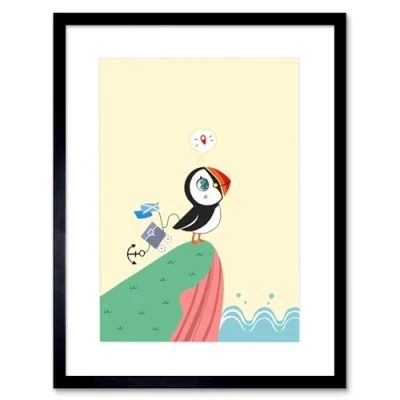 Image of Wee Blue Coo Puffins Travel Voyage Art Print Framed Poster Wall Decor 9x7 inch