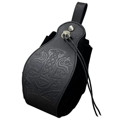 Image of HiiFeuer Medeival Faux Leather Pouch, Portable Drawstring Purse, Vintage Belt Pouch Dice Bag for LARP Ren Faire (Mjolnir Black)