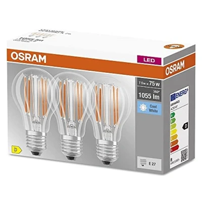 Image of OSRAM LED BASE Classic A75, frosted filament lamps made of glass for E27 base, bulb shape, cool white (4000K), 1055 lumen, replaces conventional 75W bulbs, box 3