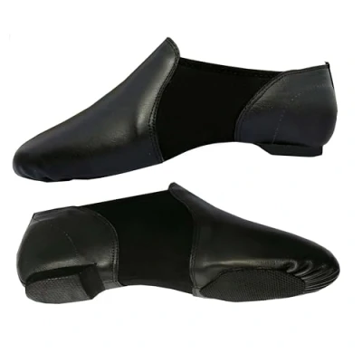 Image of Slip On Jazz Dance Shoes Pure Black Leather Modern Stage Rubber Heel Neoprene Irish Dancing Pumps Girls and Women