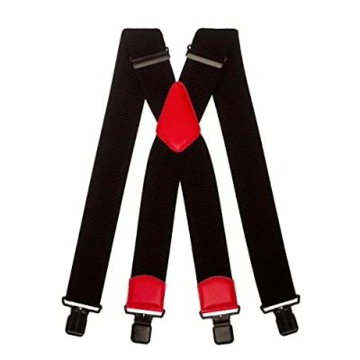 Image of Olata Men&#039;s Extra Wide X Shape Braces/Suspenders in Black with Coloured Leather 5cm. Red (Black Clips)