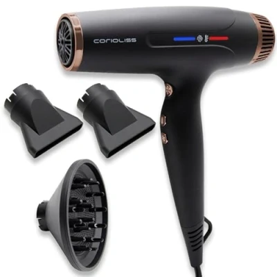 Image of Corioliss Typhoon Hair Dryer with Diffuser &amp; Accessories for Curly HairSuper Quiet Light Weight Powerful 2400WIonic Professional Black Copper