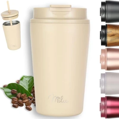 Image of Milu Thermo Mug 500ml 100% Leak Proof Stainless Steel Coffee to go Insulated with Straw Keeps hot for 10h / Cold 20h, BPA Free (Cream, 500ml)
