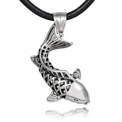 Image of DonDon Men&#039;s Leather Necklace 50 cm with Pendant Lucky Fish Koi Stainless Steel in Velvet Pouch