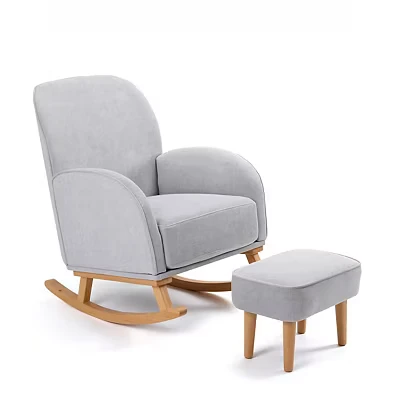 Image of Babymore Freya Nursing Chair &amp; Footstool Grey Elegant Rocking for Timeless Comfort With Sturdy Wooden Legs, Soft Fabric Stylish Armrests, Contoured Backrest Enhances Support Safety Tested