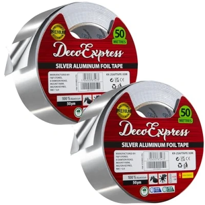 Image of DECO EXPRESS Aluminium Foil Tape Adhesive Insulating Sealer 4.5cm x 10m/25m/50m Heat Resistant Waterproof Insulation (50 M, 2 Pcs)