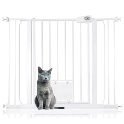 Image of Bettacare Pet Gate with Lockable Cat Flap, 100.8cm 108.4cm, White, 75cm in Height, Dog Safety Barrier Easy Installation