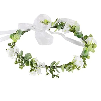 Image of Bridal Flower Crown Headband, Women Girls Floral Hair Wreath with Adjustable Ribbon for Wedding Ceremony Party Festival