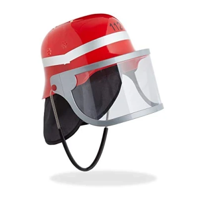 Image of Relaxdays Kids’ Fireman Helmet with Visor, Neck Cloth &amp; Chin Strap, Adjustable Head Girth, Firefighter Hat, Red