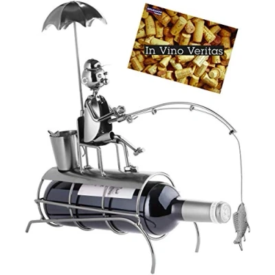 Image of BRUBAKER Bottle Holder &#039;Angler with Sunshade&#039; Metal Sculpture including Greeting Card!