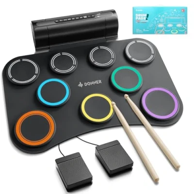 Image of Donner Electric Drum Pad, 9 Pads Electronic Set Roll Up Quiet Pad Built in Speaker, 40 Lessons Included, Kids Holiday &amp; Birthday Instrument Toys DED 20(SE)