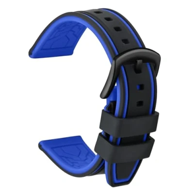 Image of ULLCHRO Silicone Watch Strap Replacement Rubber Band Waterproof Bicolor Men Women 20, 22, 24, 26mm Bracelet with Brushed Stainless Steel Buckle Black (24mm, &amp; Blue)