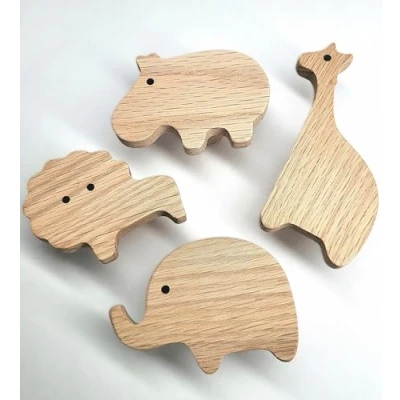 Image of PLT 4 Pcs Animal Handles for Kids Furniture Untreated Oak Wood Knob Dresser Cabinet Drawer Nursery Gift (4, Elephant Lion Hippo Giraffe)