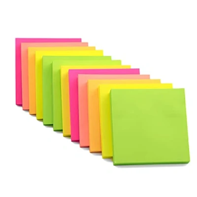 Image of 12 Sticky Notes Bright Colour Pads 76x76mm (3&quot;x3&quot;) Removable Adhesive Memo Pad in Yellow, Pink, Orange, Green, Peach Colours 100 Sheets per Office, Home &amp; School Use