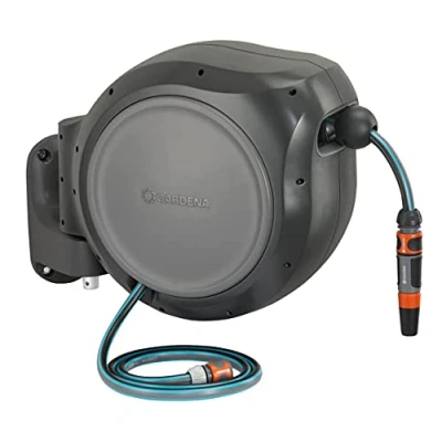 Image of GARDENA (08045) Retractable Garden Hose Reel 66&#039; ft, Wall Mounted, Automatic Retraction &amp; Length Lock for Easy Watering. Heavy Duty Swivel Bracket 180, Includes Nozzle.