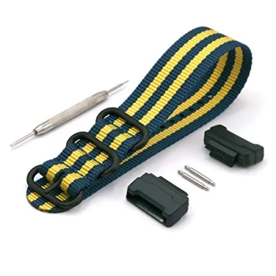 Image of Vario Compatible with Casio G Shock Military Dive Ballistic Nylon Blue Yellow Stripe Premium Replacement Watch Band Adapters and Spring Bar Tool,