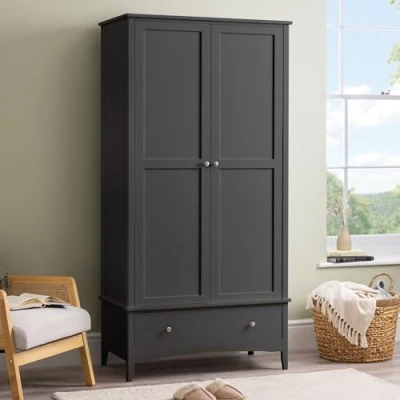 Image of Christow Black Double Wardrobe with Drawer, 2 Door Storage Organiser Cupboard, Modern Wooden MDF Bedroom Furniture, Clothes Rail, Shelf, Brushed Chrome Handles, Soft Shut Hinges, 185cm x 94.5cm 50cm
