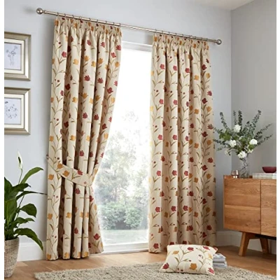 Image of Curtina Natural &amp; Red Floral Curtains W90 x L72 (229 183cm) Vintage Flower Pencil Pleat Jacquard Heavy Weight Drapes for Bedroom/Living Room Pleated
