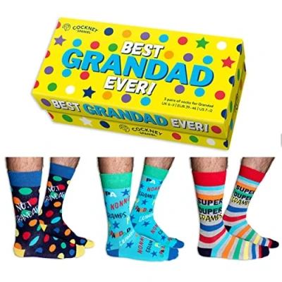 Image of Cockney Spaniel Novelty Gift for Men, 3 Pairs of Crew Socks, Size: UK 6 11 (EUR 39 46), Fun and Quirky Men (UK, Alpha, One Size, Regular, Best Grandad)