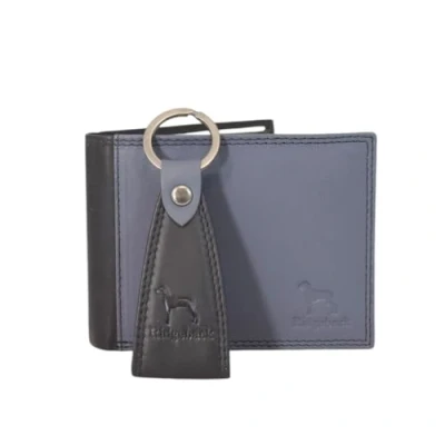 Image of Ridgeback Genuine Leather Bifold Wallet &amp; Keychain Set for Men RFID Blocking, Coin Pocket, Gift Boxed Black/Grey