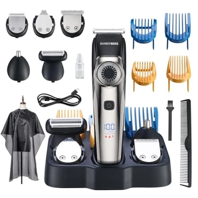 Image of BarberBoss Professional Beard Trimmer Men, Hair Clipper, Grooming Kit Ear &amp; Nose, 39 Cutting Lengths, Comb Attachments, Precision Dial, Waterproof Design, LED Display, QR 6083