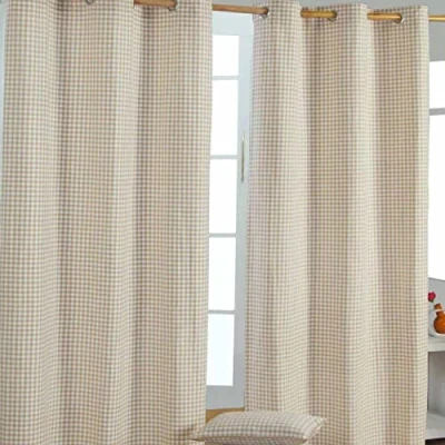 Image of HOMESCAPES Pair of 100% Cotton Curtains Gingham Check Beige 137 x Drop 228 cm 90 Inch Eyelet Ring Top Heavy Not Lined Easy Care Washable at Home