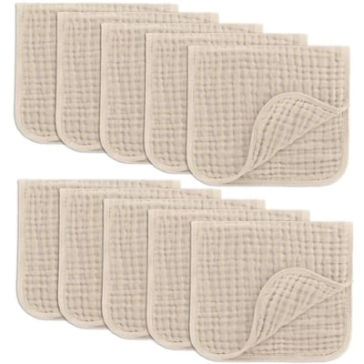 Image of Comfy Cubs Muslin Cloths for Baby, Baby Essentials, Burp Cloths, Squares, 100% Cotton, Hand Washcloths 6 Layers Extra Absorbent and Soft (Sand, 10 Pack, 50 X 25 CM)