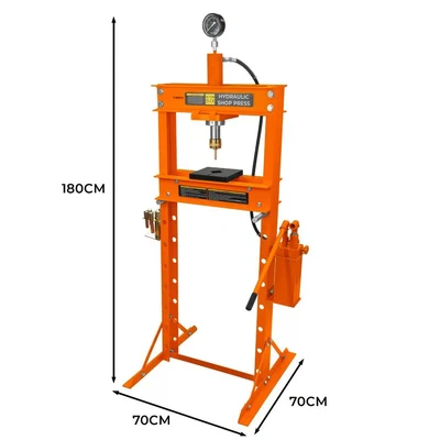 Image of Hydraulic Shop Press 20 Ton Tonne 20,000kg Floor Mount Heavy Duty Steel Detachable Pressure Gauge Hand Pump Adjustable 0 1015mm Vertical Work Area Workshop Garage Free Tool Set 8 Mandrels &amp; 1 Adapter