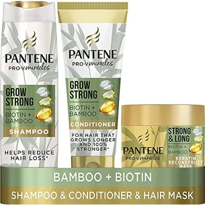 Image of Pantene Grow Strong Shampoo And Conditioner Set + Keratin Hair Mask Helps Reduce Loss, For Dry Damaged Hair, Full Size Growth Shampoo, &amp; Treatment