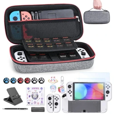 Image of Switch OLED Accessories Bundle innoAura 18 in 1 with NS Case, Game Screen Protector, Stand, Thumb Grips (Gray)
