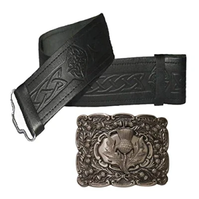 Image of Maze Leather Kilt Belt Embossed and Black Thistle Buckle