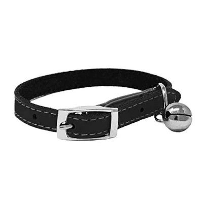 Image of Cat Collar Real Leather with Safety Elastic, Bell, Available (Black)