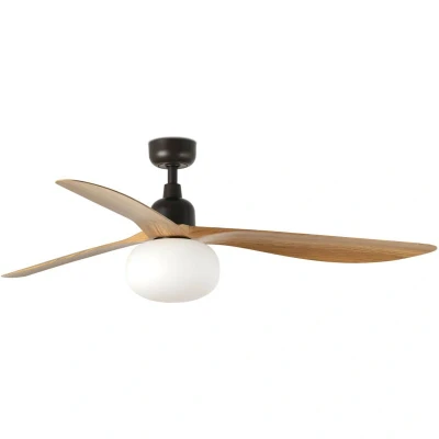 Image of Outwood Large 3 Blade Ceiling Fan Dark Brown, Oak Wood with Light 1x E27 IP44