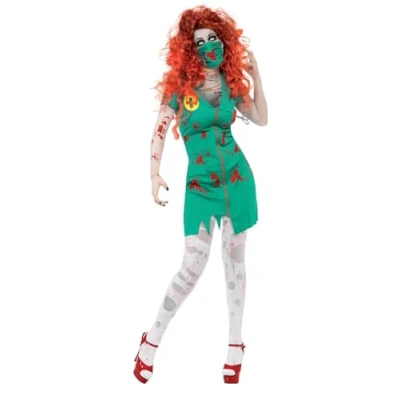 Image of Smiffys Zombie Scrub Nurse Costume, Green with Dress &amp; Facemask, Halloween Adult Fancy Dress, Up Costumes