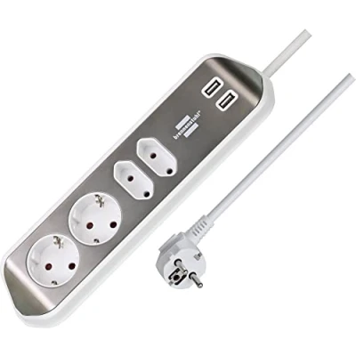 Image of Brennenstuhl estilo Ecksteckdosenleiste 4 fach (Tischsteckdose mit Edelstahloberfläche für Küche und Büro, Ecksteckdose 2x Schuko Steckdosen, Euro USB Ladefunktion) silber/weiß