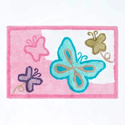 Image of HOMESCAPES 100% Cotton Washable Tufted Butterflies Rug 50 x 85 cm Bath Mat or Children&#039;s