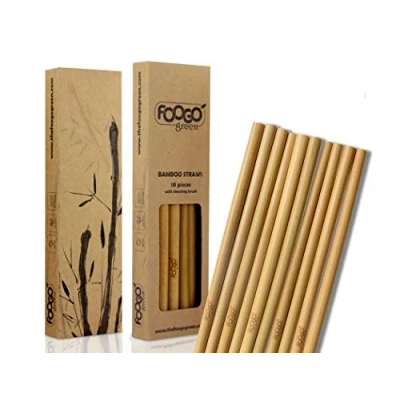 Image of FOOGO Green 10 Bamboo Straws with Cleaning Brush, Reusable 20cm, 2 diameters, Juices and Smoothies Drinking Straws, 100% Natural, Biodegradable Eco Friendly, Alternative to Metal Silicone