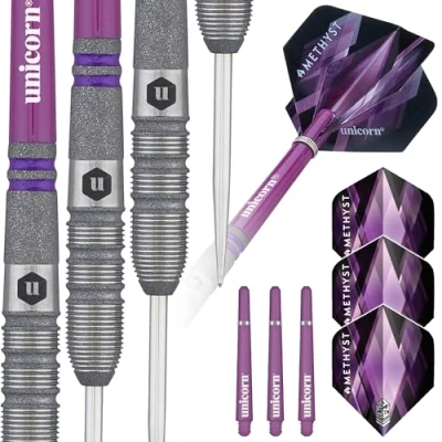 Image of Unicorn Professional Darts Set Amethyst 3 90% Natural Tungsten Barrels with Purple Accents &amp; Laser Etched U Logo Hallmark Steel Tip 24 g